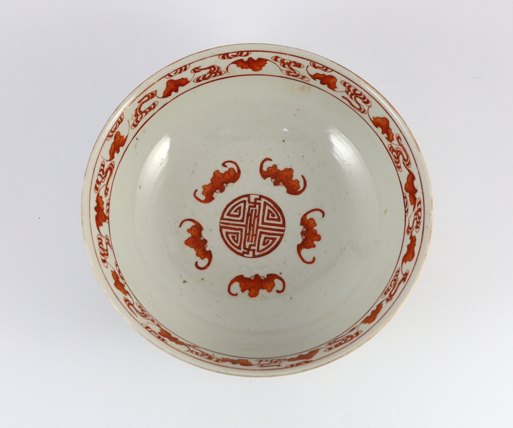 A Chinese famille rose ‘antiques and auspicious objects’ bowl, Chenghua mark, late 19th century, 26.7cm wide, mis-shapen